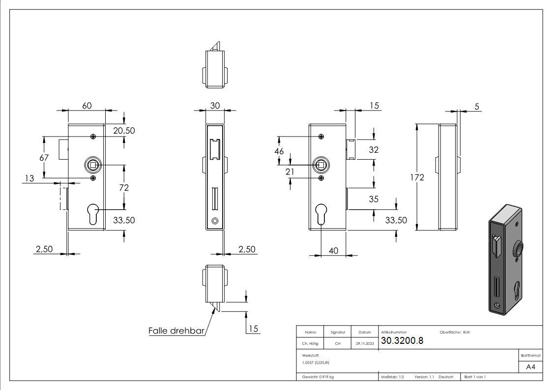 Kastenschloss Edelstahl 30 x 60 x 172 mm geschliffen- verzinktes Schloss-30-3200.8