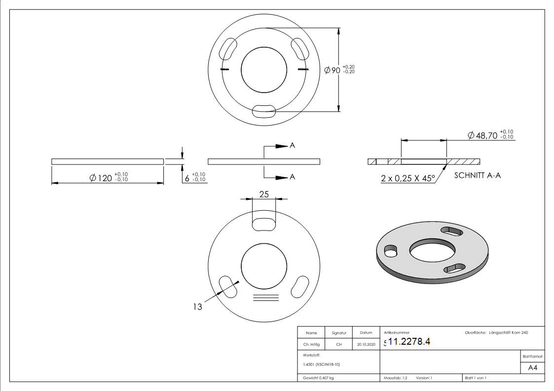 Plaque d'ancrage | Dimensions : Ø 120x6 mm | Trou central : Ø 49 mm | V2A