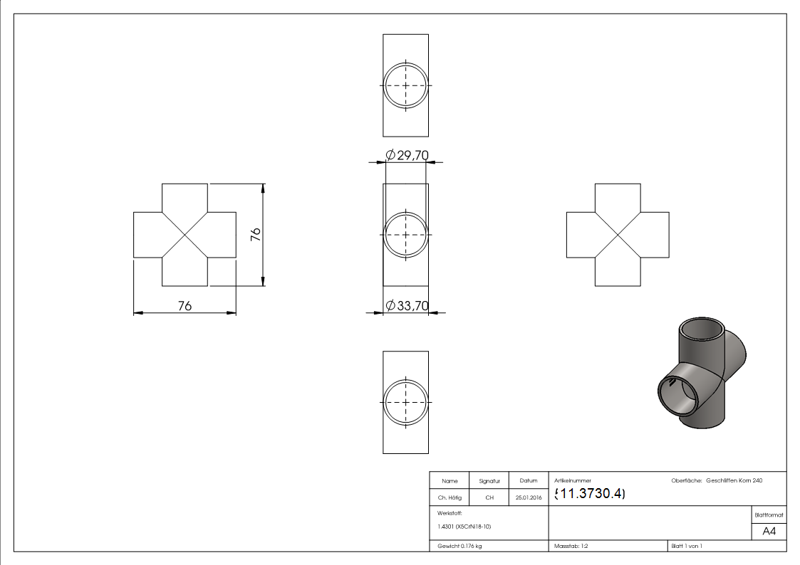 Kreuzstueck zum Schweissen fuer Rundrohr Ø- 33-7 mm V2A-11-3730.4