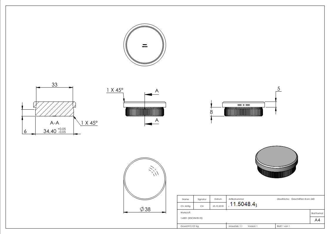 Rohrstopfen fuer Ø 38-0x2-0 mm flach zum Einschlagen V2A-11-5048.4
