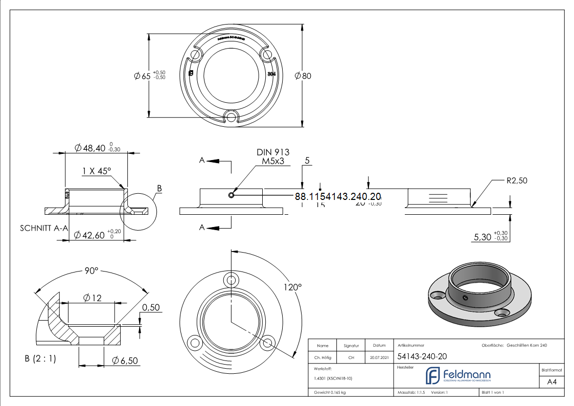 Ancrage au sol pour tube 42,4mm, V2A