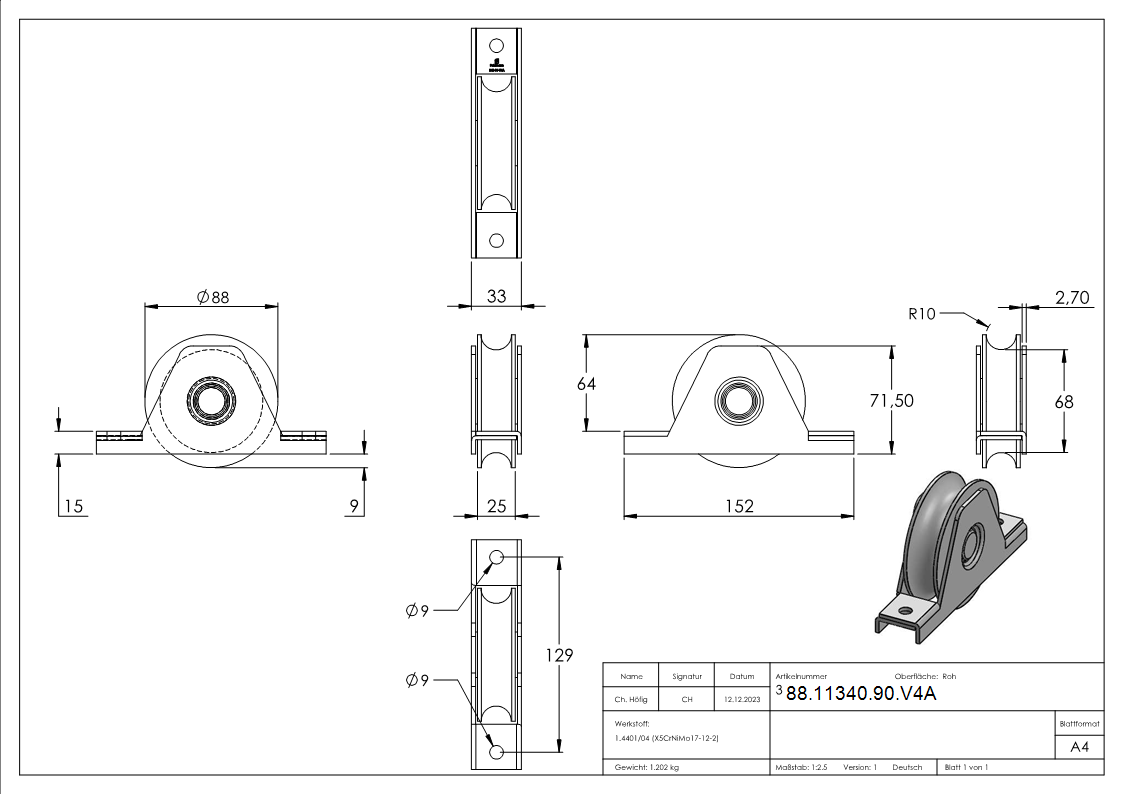 Schiebetorrolle Edelstahl V4A Ø 90 mm Rundrille Ø 20 mm mit Buegel-88-11340-90.V4A