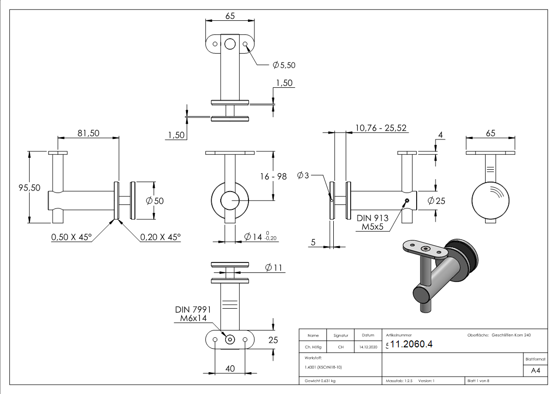 Handlaufhalter fuer Glas mit Halteplatte fuer flachen Anschluss V2A-11-2060.4