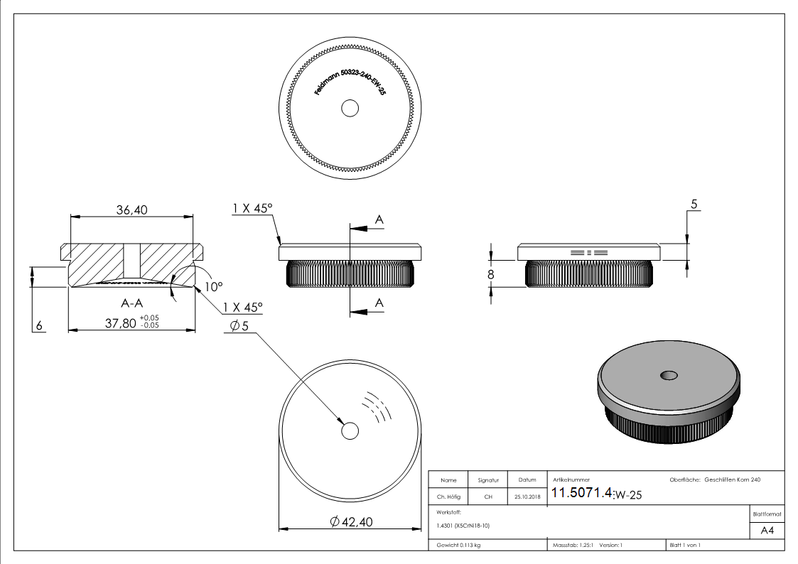 Einsteckkappe V2A fuer Rohr Ø 42-4x2-5 mm flach mit Entwaesserungsbohrung 5 mm-11-5071.4