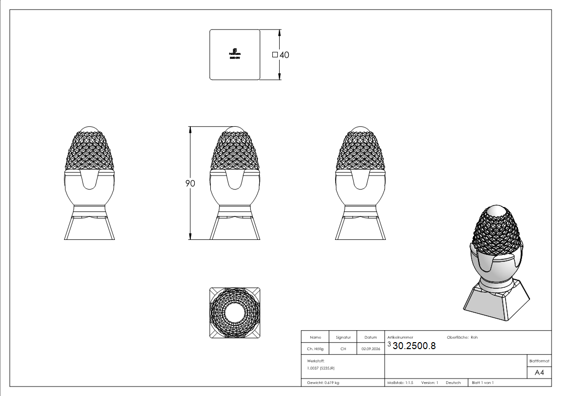 Zaunspitze - Hoehe- 85 mm - Material- Ø 43 mm - Stahl S235JR- roh-30-2500.8