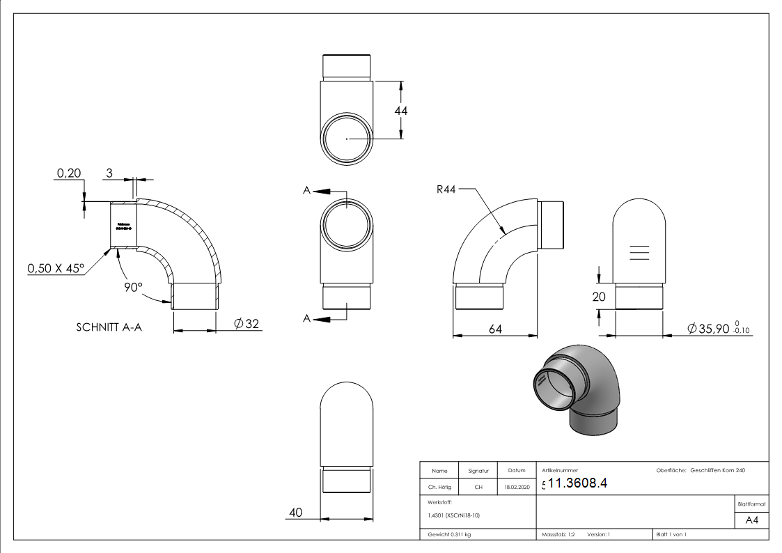 Coude 90° rond V2A pour tube rond Ø 40,0x2,0 mm