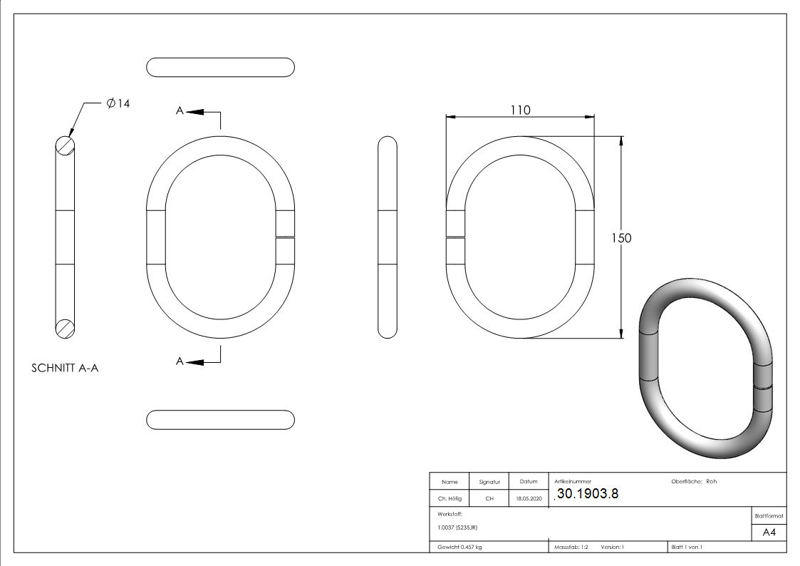 Anneau | ovale | matériau : 14 mm | Ø extérieur 150x110 mm | acier S235JR, brut