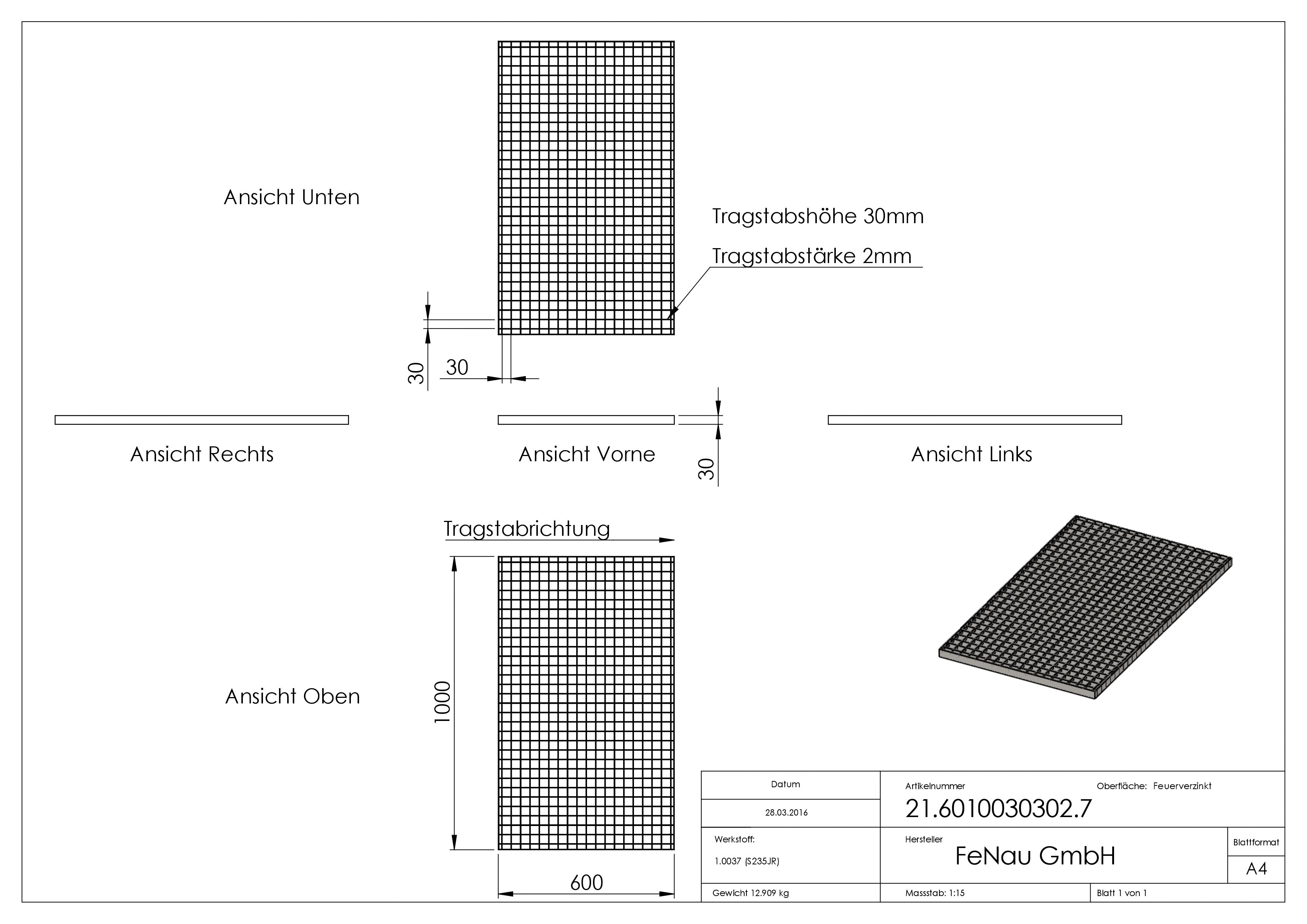 Industrie-Gitterrost - Masse- 600x1000x30 mm; MW 30-30 mm; 30-2 mm - S235JR -St37-2- im Vollbad feuerverzinkt-21-6010030302.7