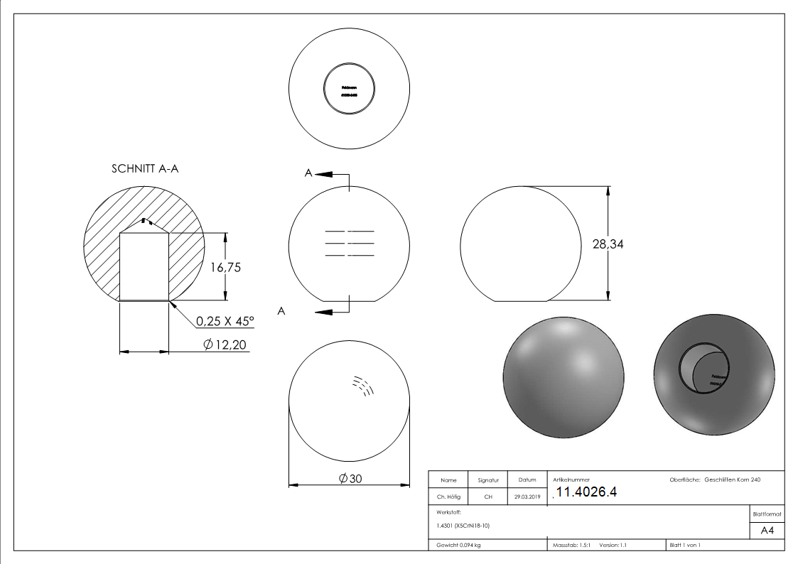 Kugel - Ø 30 mm - mit Sackloch- 12-2 mm - V2A-11-4026.4