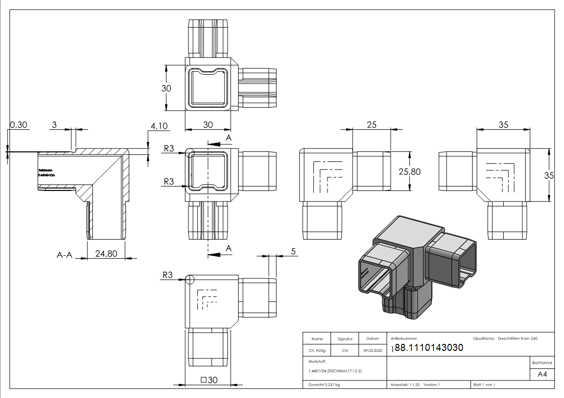 Connecteur pour tube 30x30x2mm, V4A