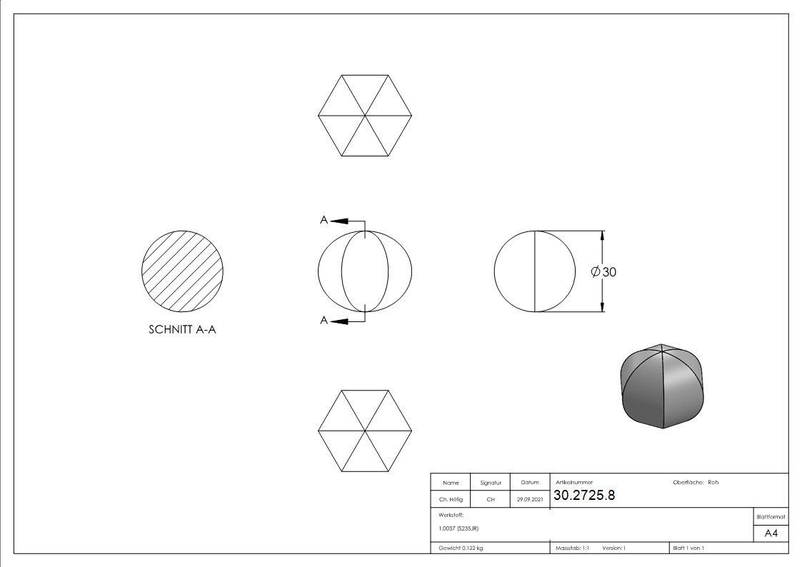 Massivkugel Ø 30 mm - abgehaemmert - Stahl S235JR- roh-30-2725.8