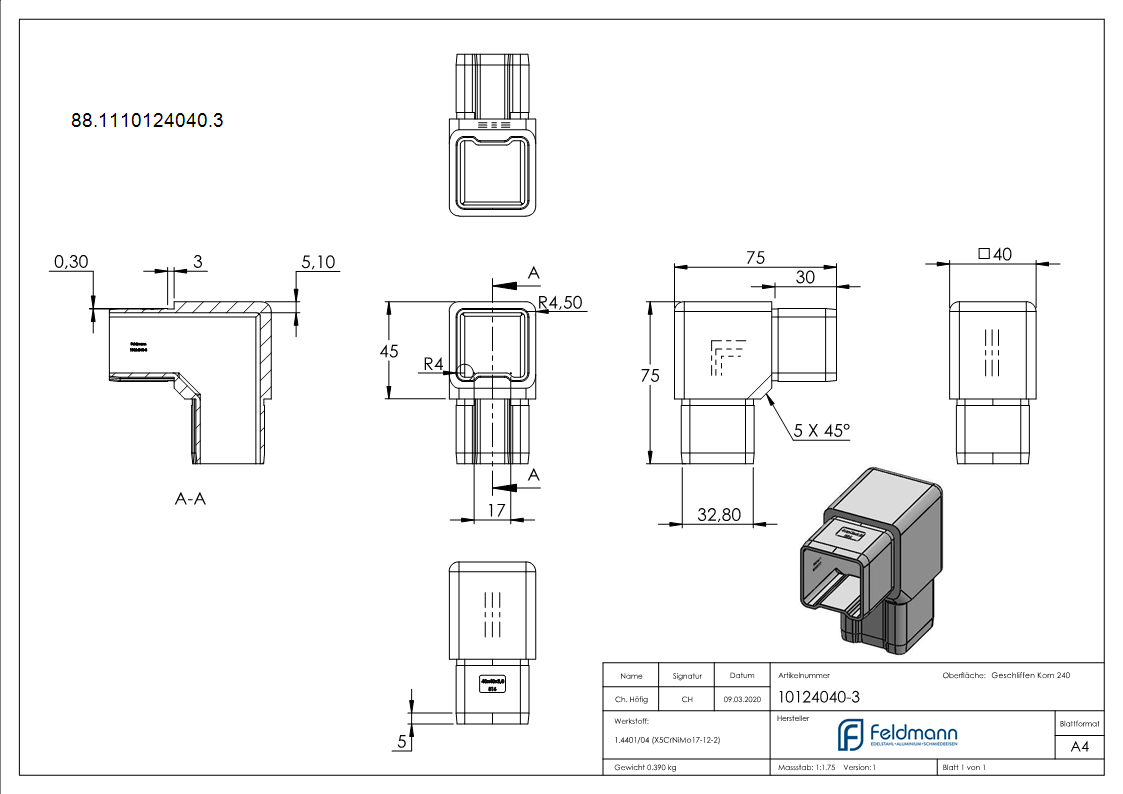 Steckverbinder V4A fuer Rohr 40x40x3-0 mm 90°-88-1110124040.3