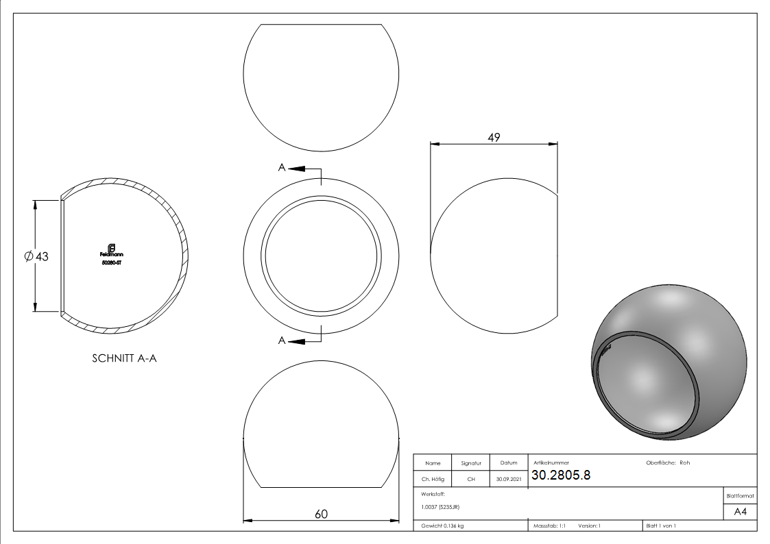 Abschlusskugel Ø 60 mm - fuer Ø 42-4 mm - Stahl S235JR- roh-30-2805.8
