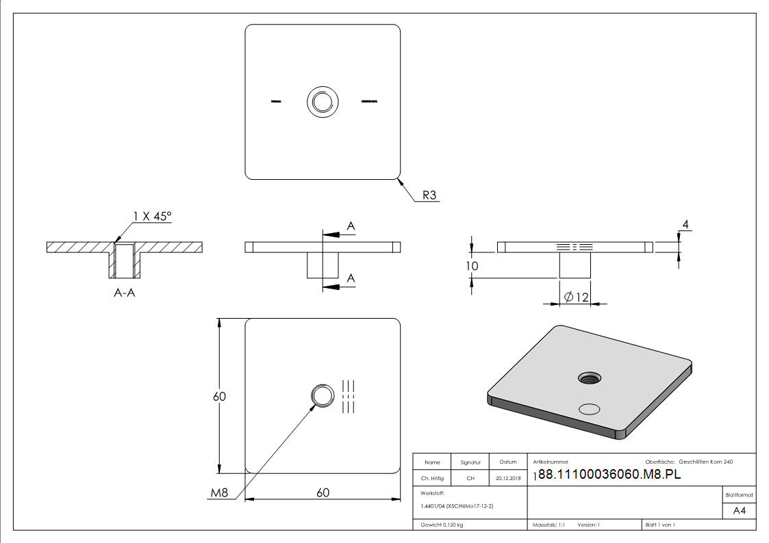 Capuchon plat V4A pour QR 60x60mm