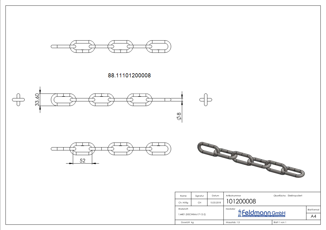 VA-Kette DIN 763- Ø 8mm-88.11101200008