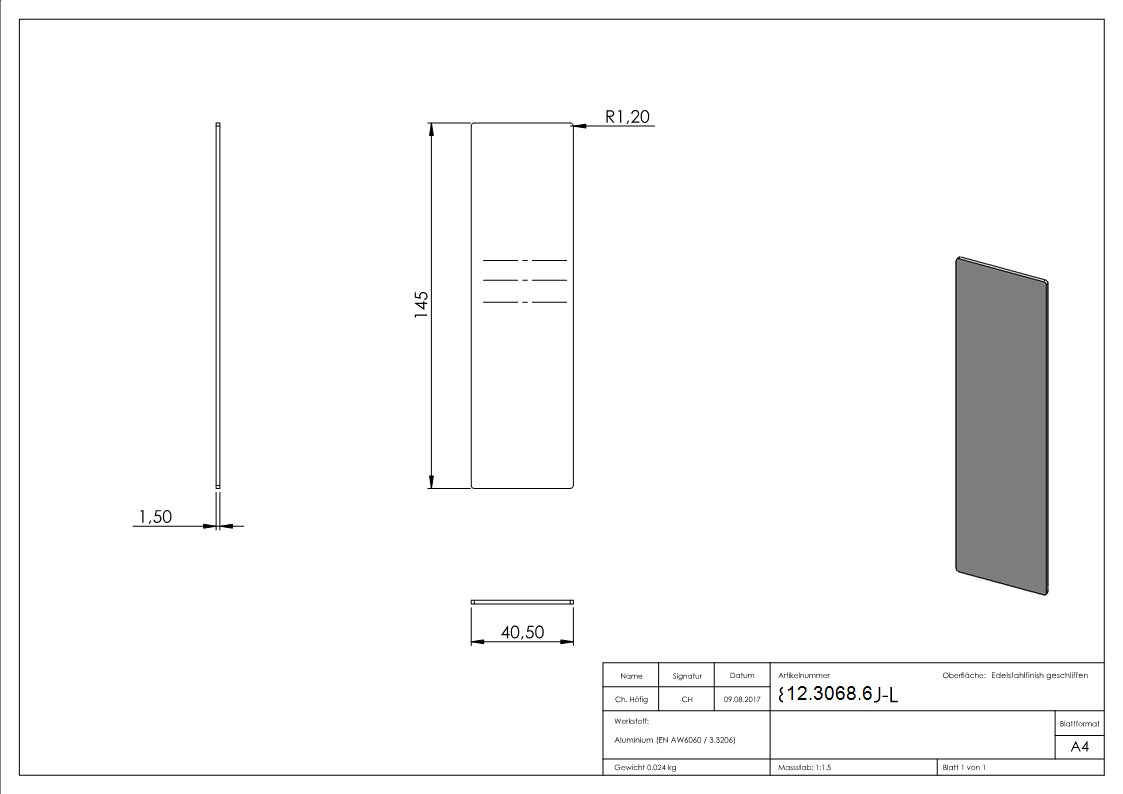 Embout | pour garde-corps tout verre | pour pente jusqu'à 41° | dimensions : 145x40,5x1,5 mm | aluminium