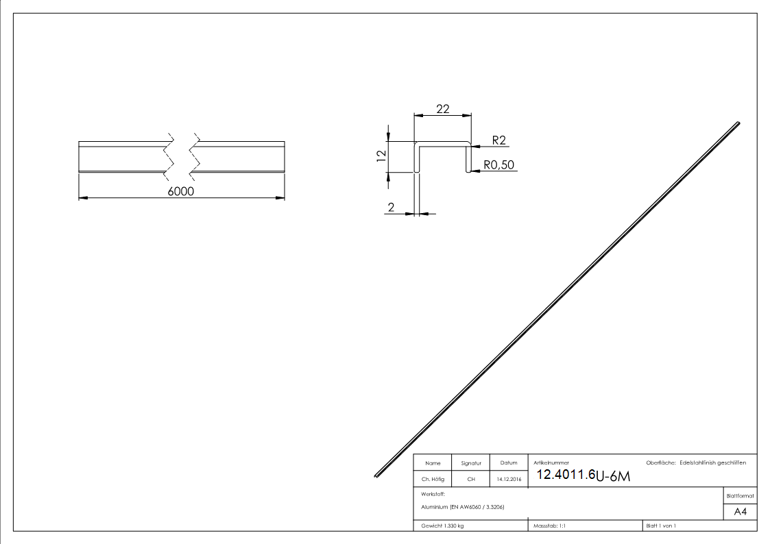Kantenschutz - Masse- 22x12x2 mm - Laenge- 6000 mm - Aluminium elox- E4-EV1-12-4011.6