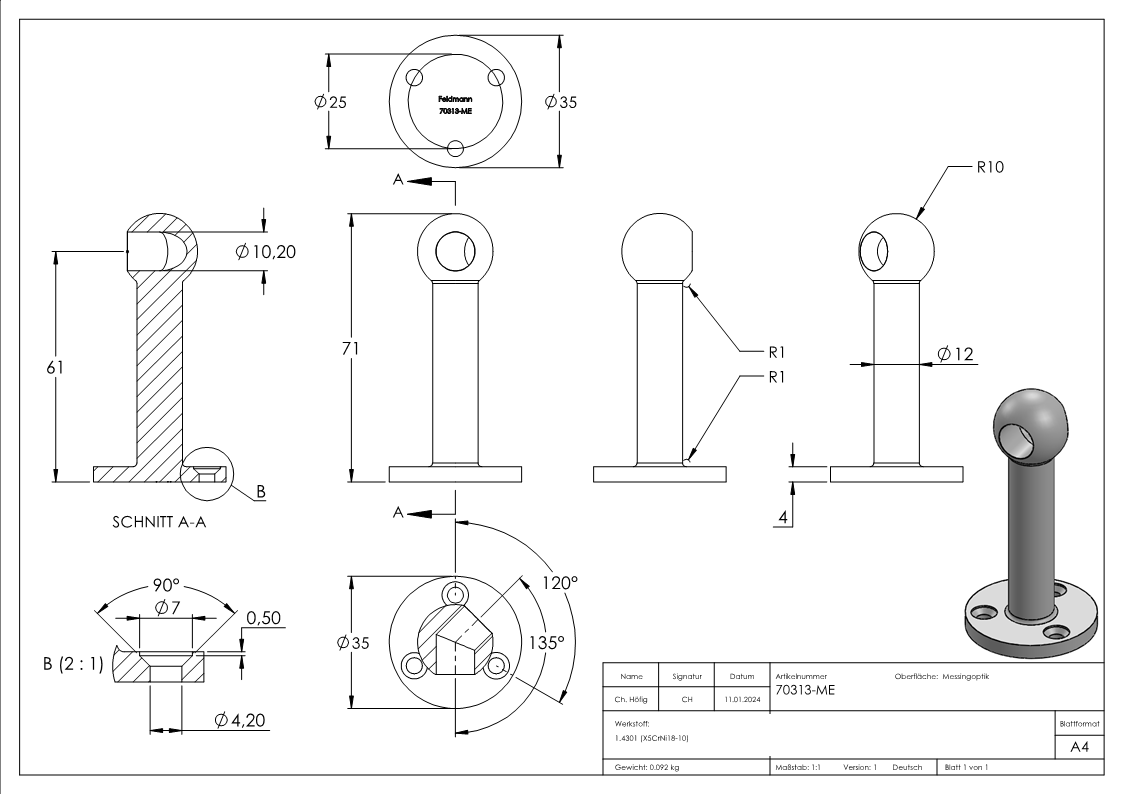 Support de canne à pêche, pour rond de 10 mm, angle de 45°, optique en laiton