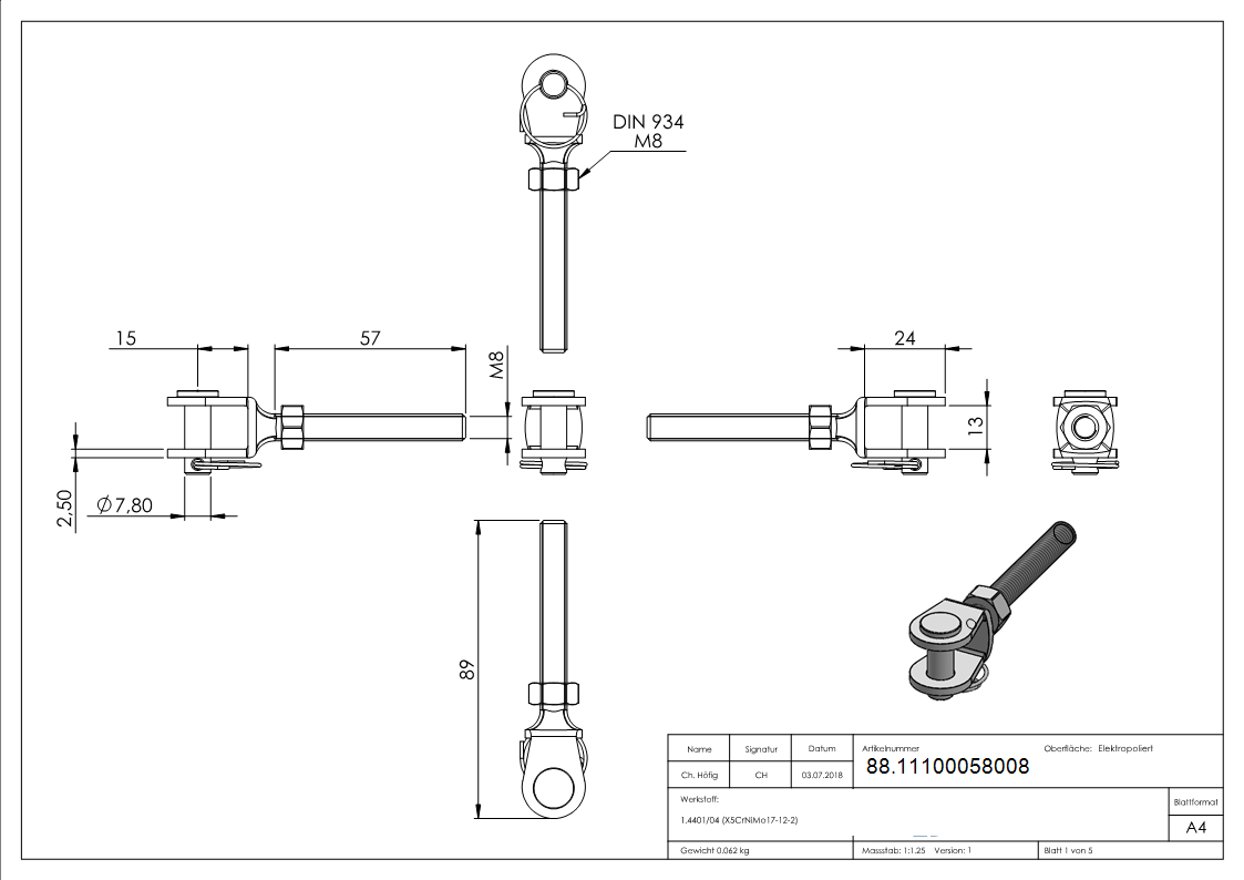 Gabelterminal Edelstahl V4A Aussengewinde M8 rechts-88.11100058008