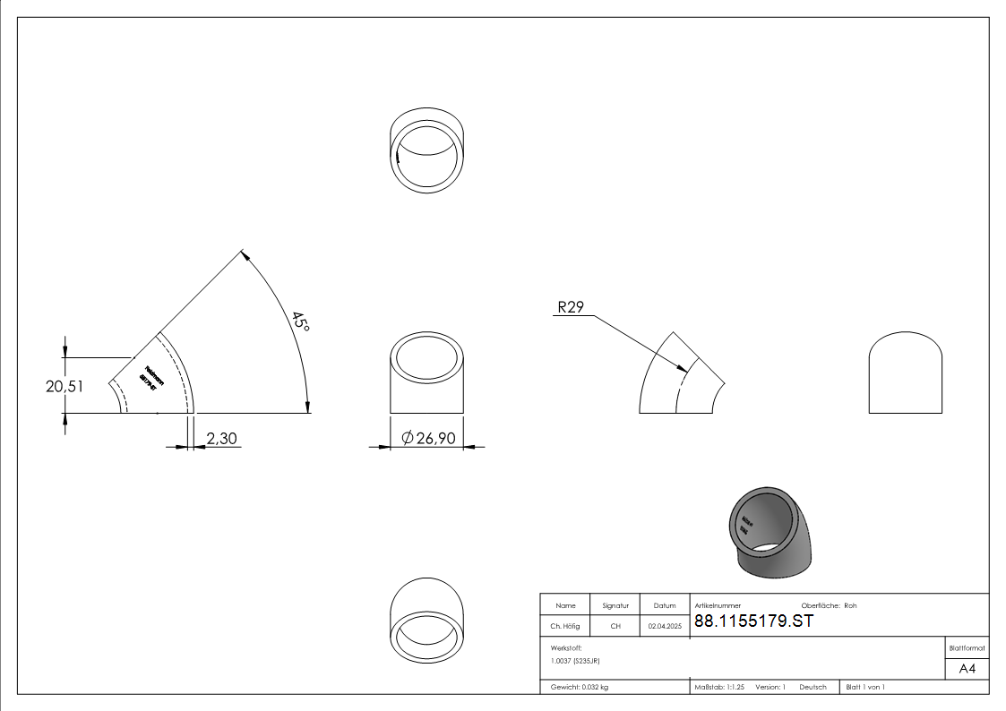 Rohrbogen 45° Stahl roh - 26-9 x 2-3 mm -¾- - Bauart 3-88-1155179.ST