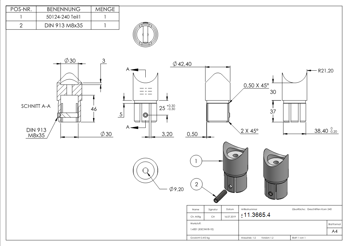Pièce de raccordement 90° pour tube rond Ø 42.4x2.0 mm V2A