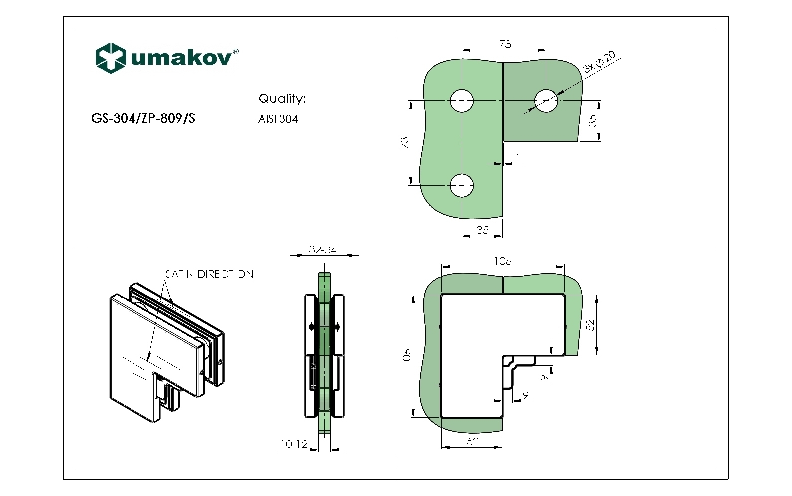 Edelstahl Patchverbinder fuer Glas 10-12mm mit Bohrung- geschliffen-89-11GS304ZP809S-A.4