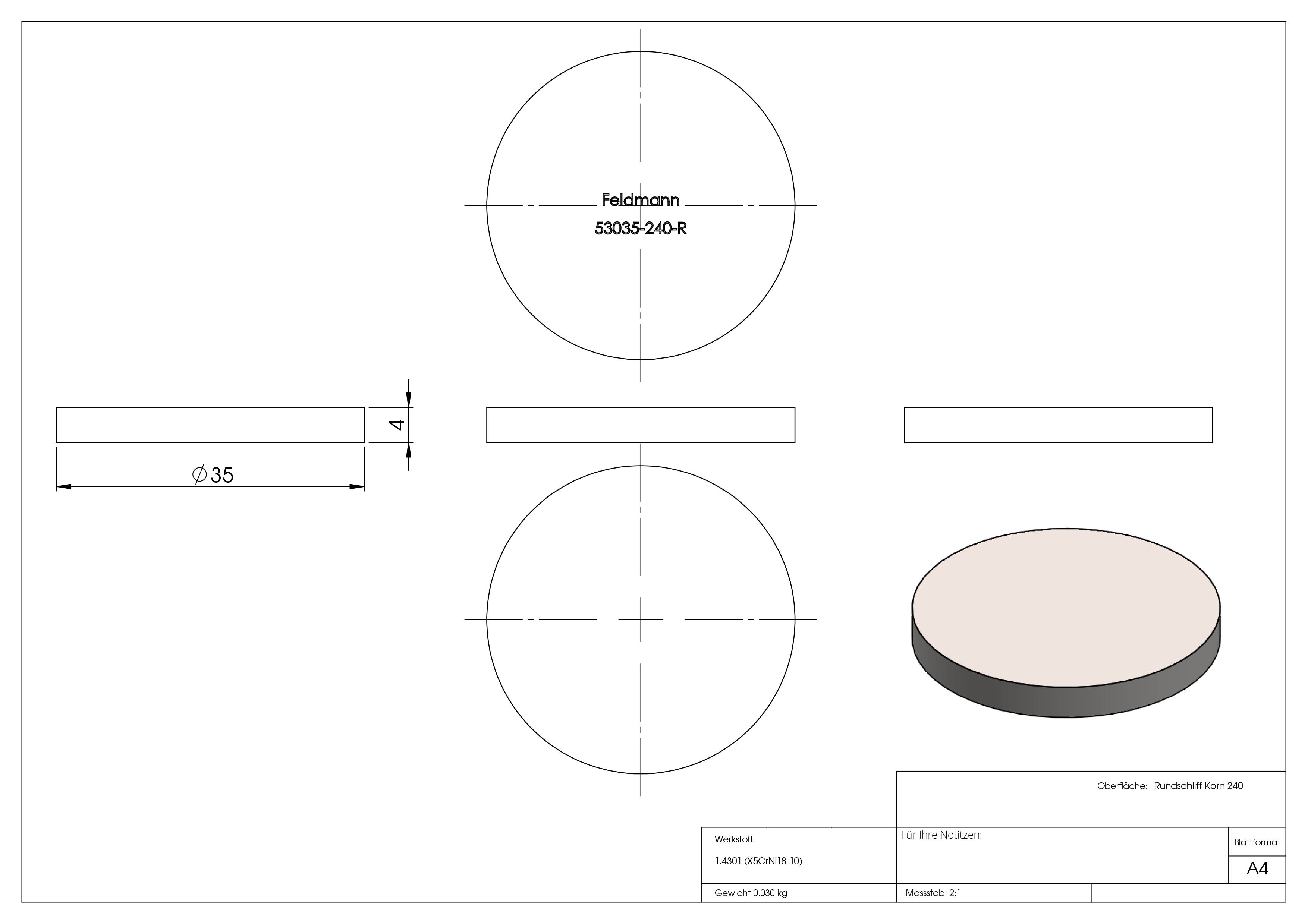 Ebauche circulaire | Dimensions : Ø 35x4 mm | avec meulage circulaire | V2A