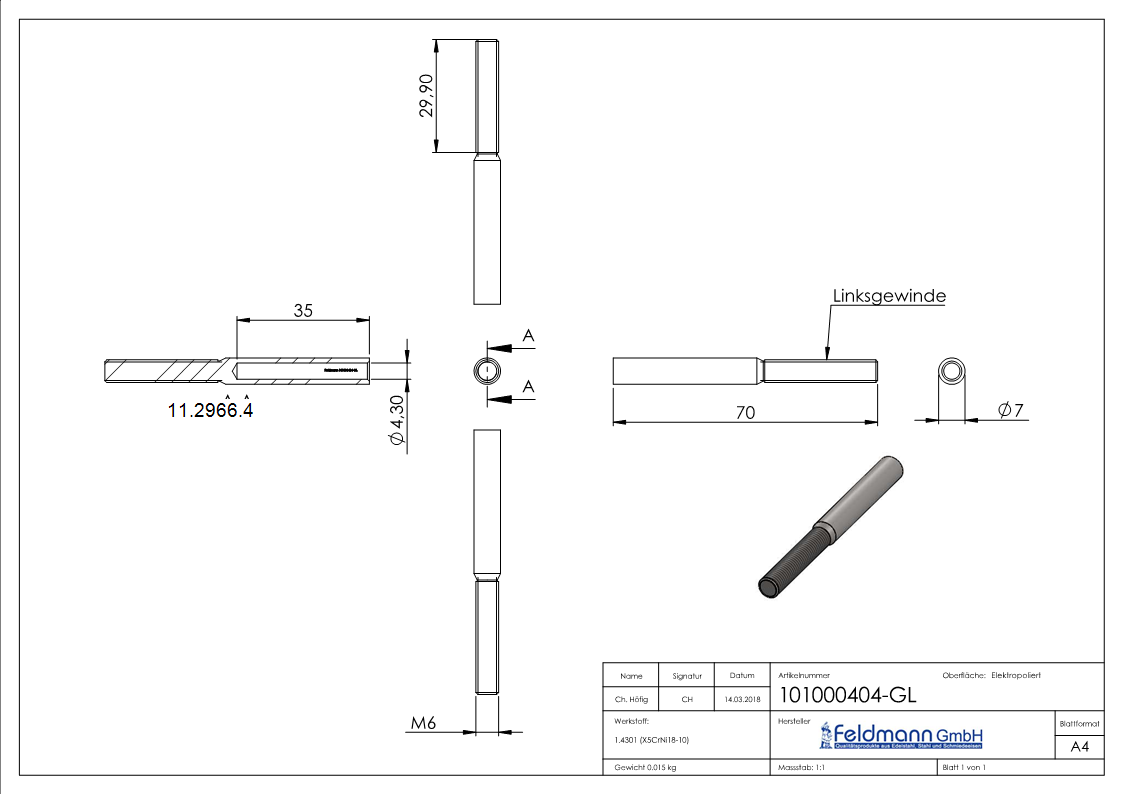 Gewindeterminal mit Aussengewinde - Linksgewinde - Fuer Seil von Ø 4 mm -V2A-11-2966.4