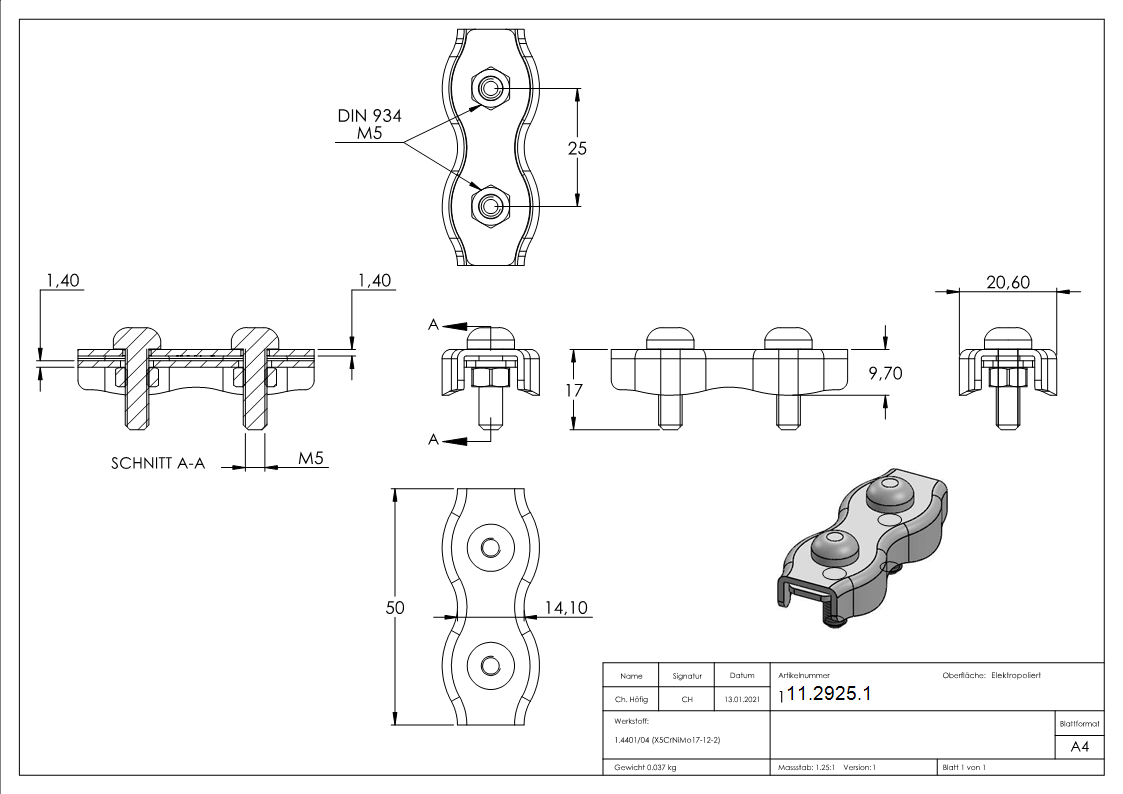 Pince double pour corde de 5 mm V4A