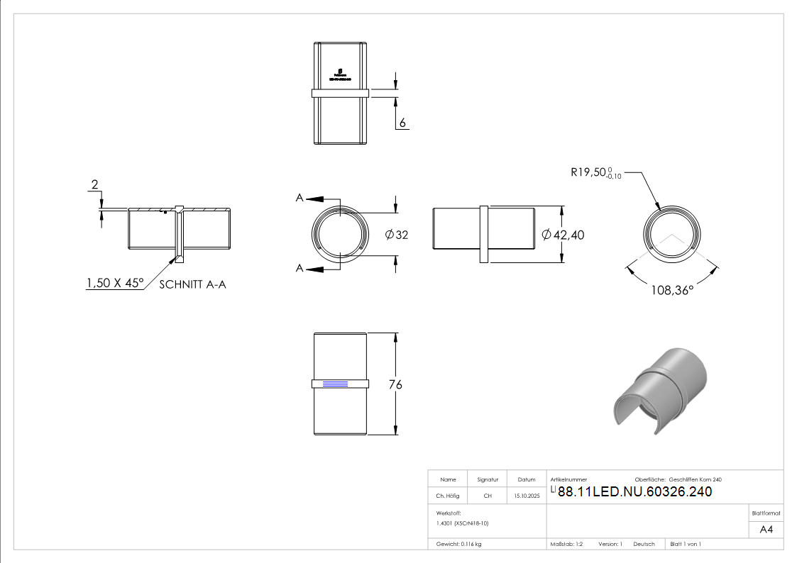 LED-Nutrohrverbinder V2A Ø 42-4 mm- 76 mm- 180°-88-11LED-NU-60326.240
