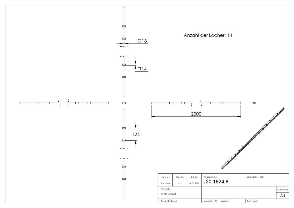 Lochleiste fuer Quadratrohr Material- 18x18 mm Laenge- 2000 mm Stahl S235JR- roh-30-1624.8
