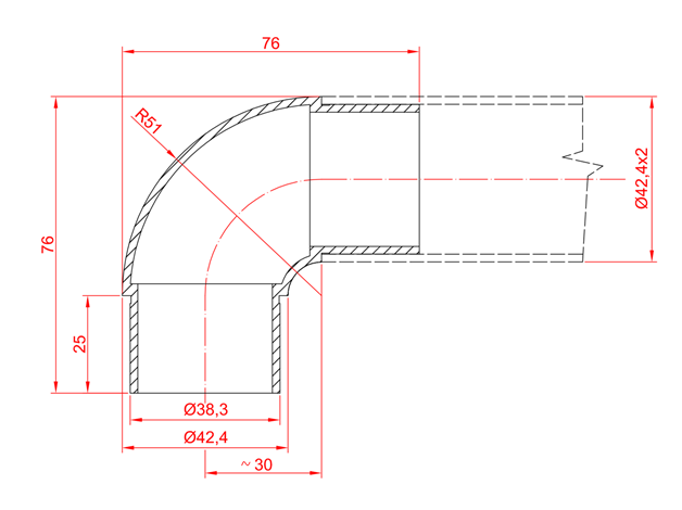 Coude 90° | pour collage | pour tube rond : Ø 42.4x2 mm | V2A