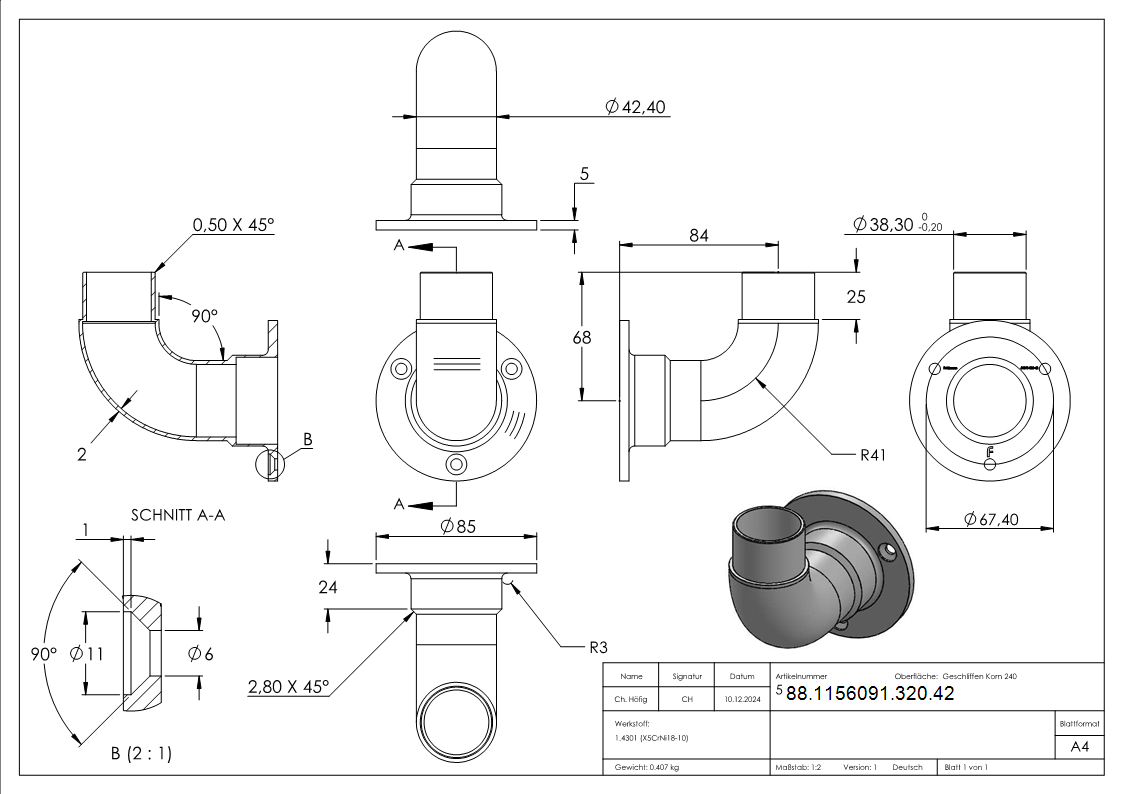 Support mural 90° pour tuyau 42,4 x 2,0mm
