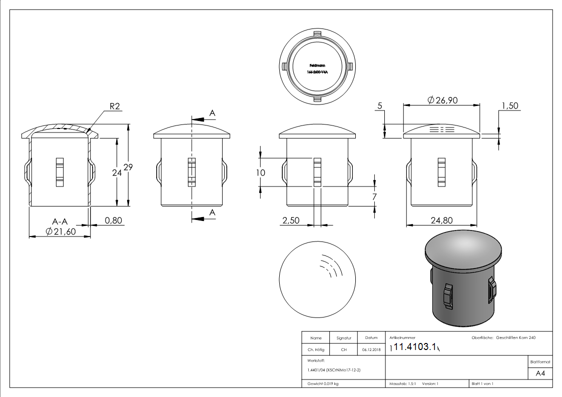 Rohrstopfen fuer Ø 26-9x1-6-2-5 mm leicht gewoelbt zum Einschlagen V4A-11-4103.1