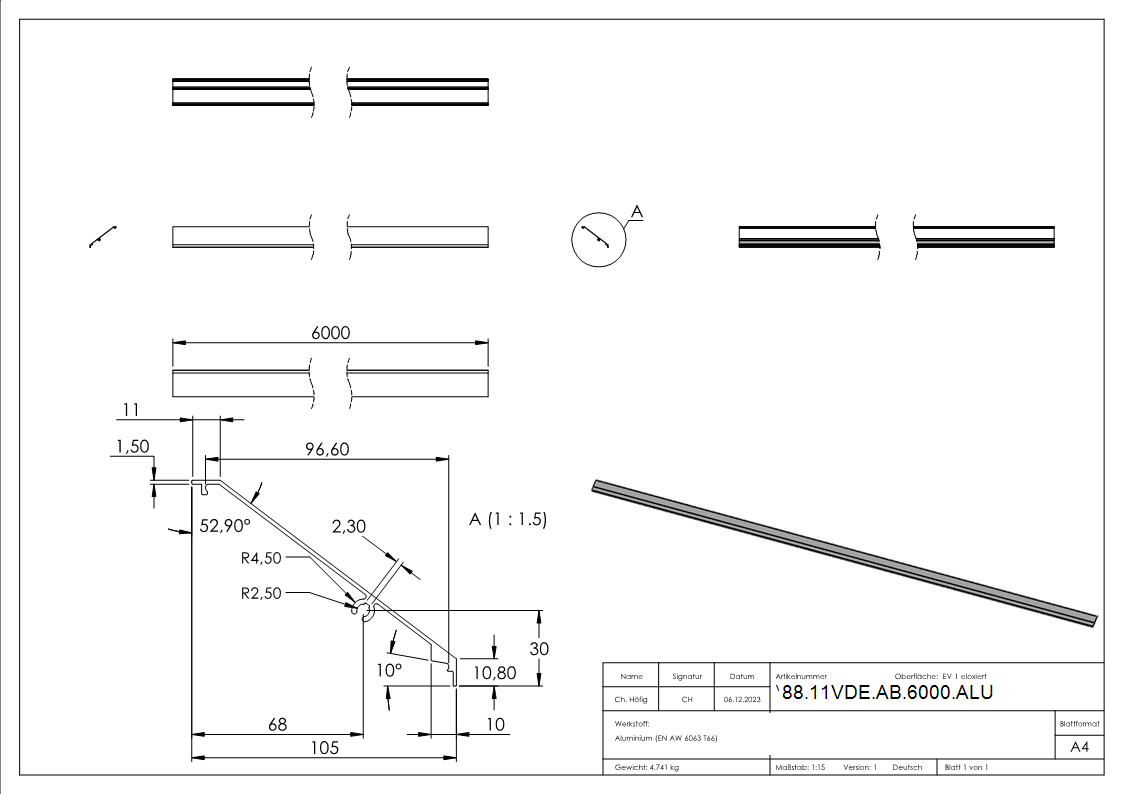Design-Abdeckung fuer eleganza canopy- L=6000mm- Aluminium E4-EV1-88-11VDE-AB-6000.ALU