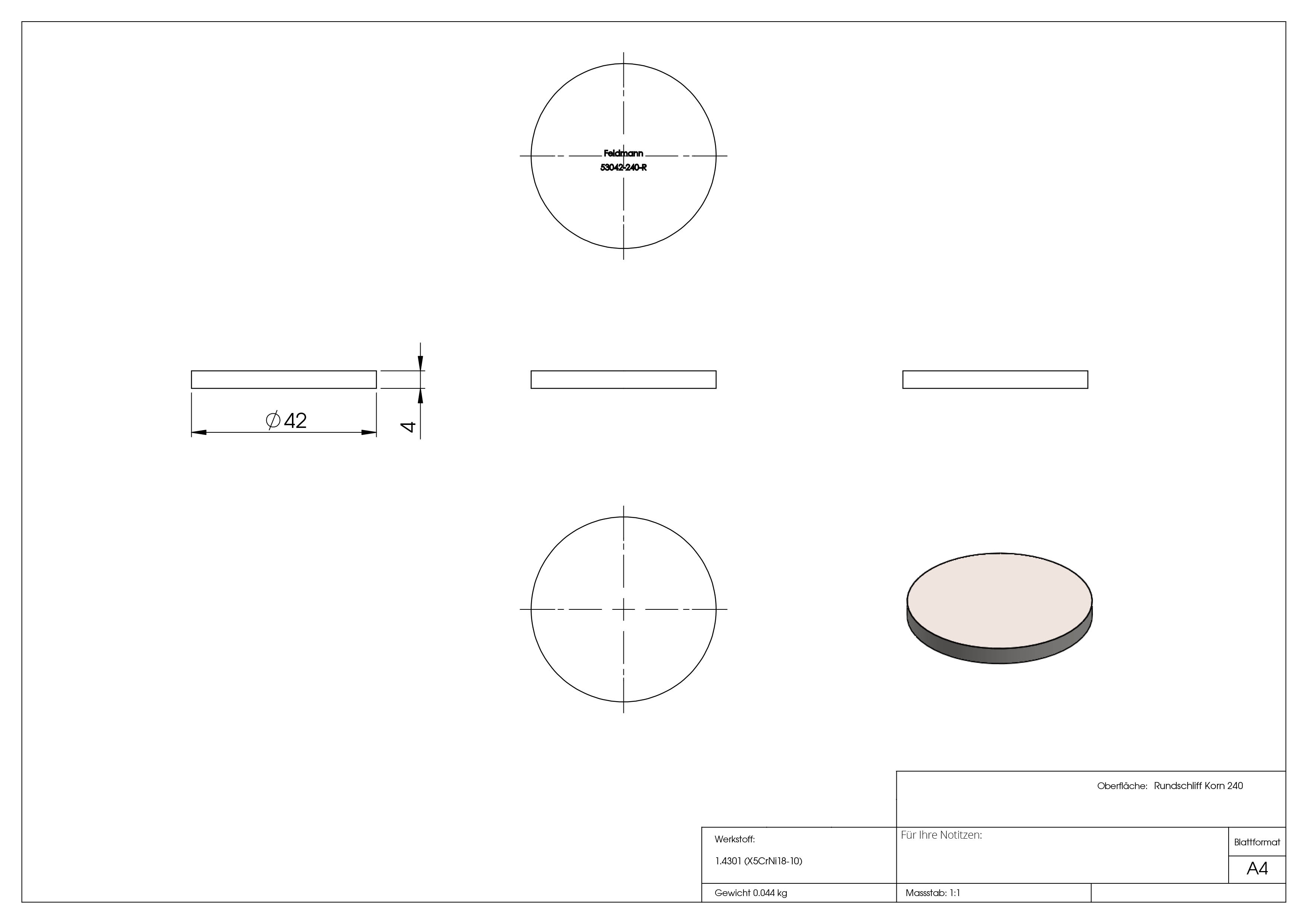 Ebauche circulaire | Dimensions : Ø 42x4 mm | avec meulage circulaire | V2A