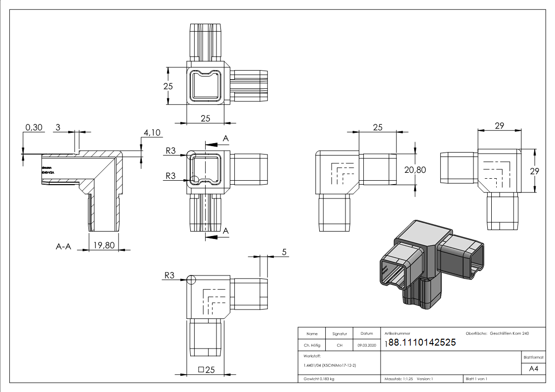 Connecteur pour tube 25x25x2mm, V4A