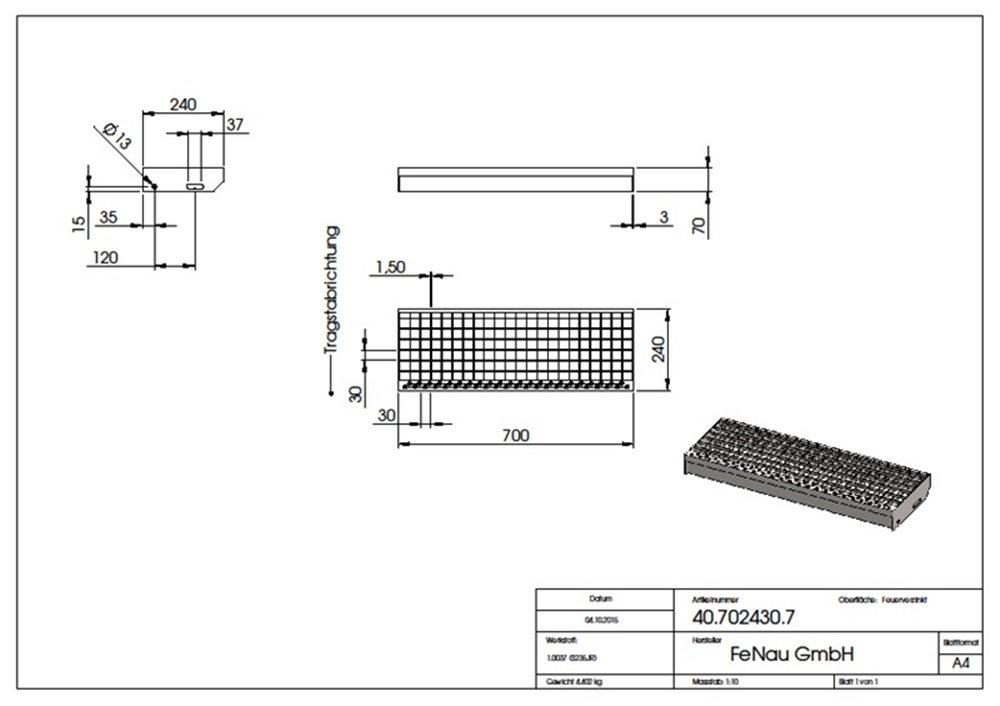 Marche en caillebotis Marche d'escalier | Dimensions : 700x240 mm 30/30 mm | S235JR (St37-2), galvanisé à chaud en bain complet