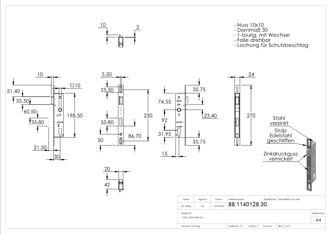 Rohrrahmenschloss verzinkt- Stulpe Edelstahl- Dornmass 30 mm- Abstand 92 mm- Langloch-88-1140128.30
