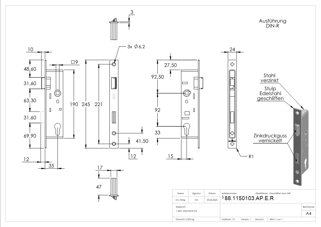 Rohrrahmenschloss verzinkt mit Dornmass 35mm- mit Anti-Panikfunktion E- DIN rechts-88-1150103-AP-E.R