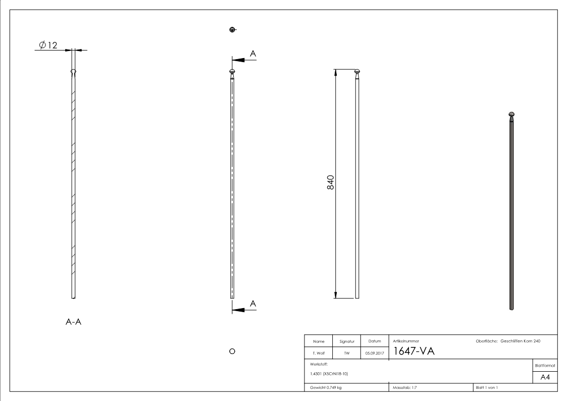 Tringle décorative, design Gruber, longueur : 840mm, V2A