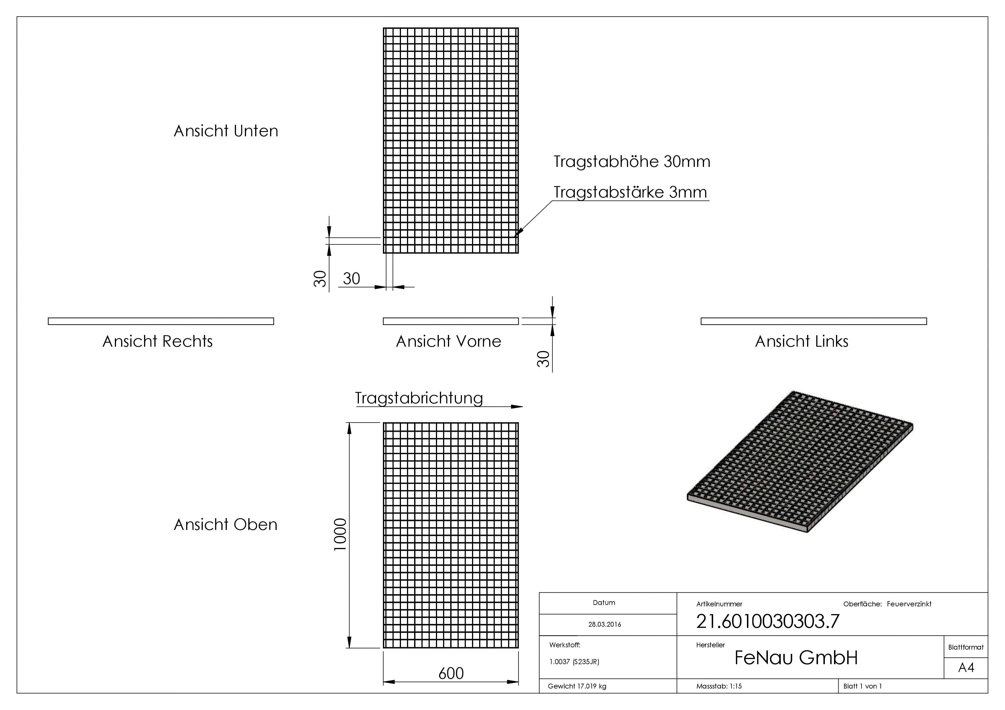 Industrie-Gitterrost - Masse- 600x1000x30 mm; MW 30-30 mm; 30-3 mm - S235JR -St37-2- im Vollbad feuerverzinkt-21-6010030303.7