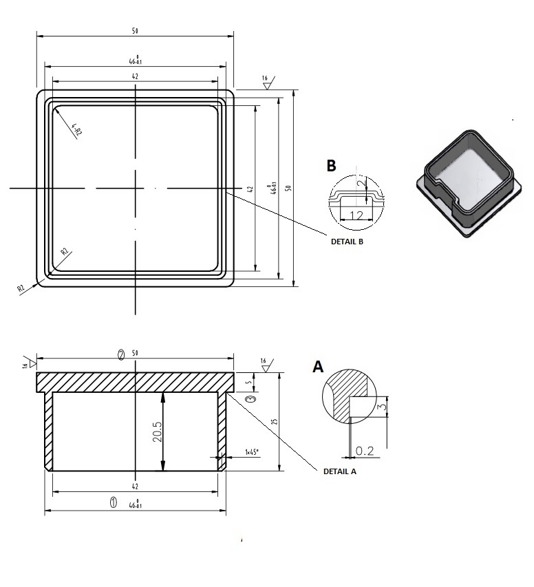 Capuchon d'insertion pour collage | pour tube : 50x50x2 mm | V2A