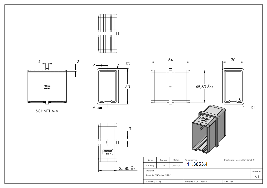 Rechteckrohrverbinder V4A 50x30x2 mm gerade-11-3853.4