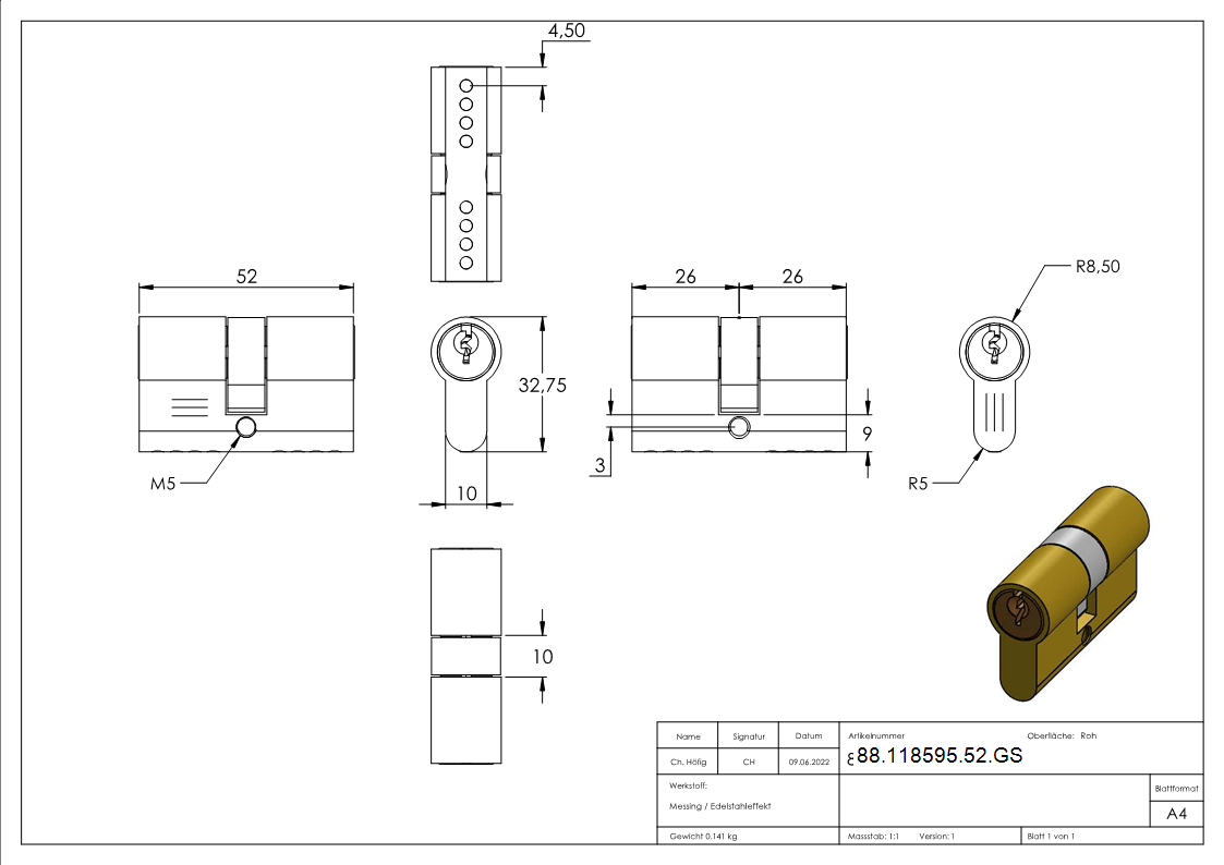 Profilzylinder- Laenge 52mm- gleichschliessend-88-118595-52.GS