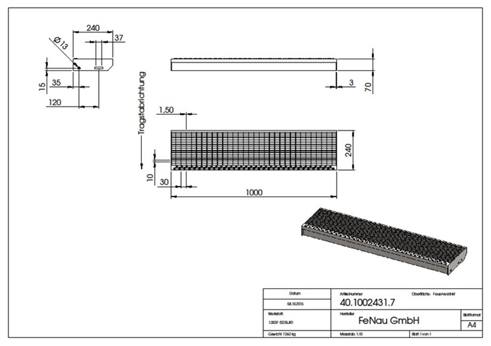 Marche en caillebotis Marche d'escalier | Dimensions : 1000x240 mm 30/10 mm | S235JR (St37-2), galvanisé à chaud en bain complet