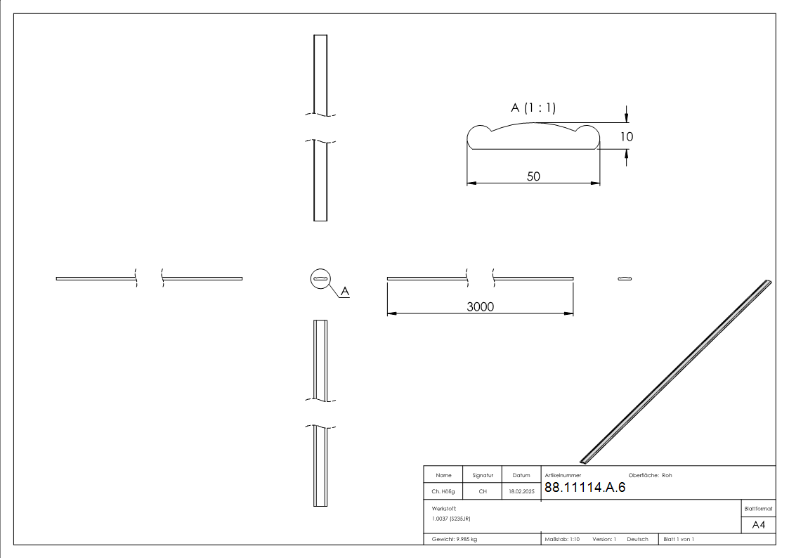 Handlauf 50x10 mm 3000mm Stahl roh Flachprofil fuer Gelaender-88-11114-A.6