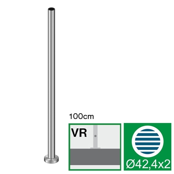 Edelstahlpfosten AISI 304 Ø 42-4 mm Hoehe 1000 mm geschliffen mit Flansch - Rosette-89-11AVERVR100-A.4