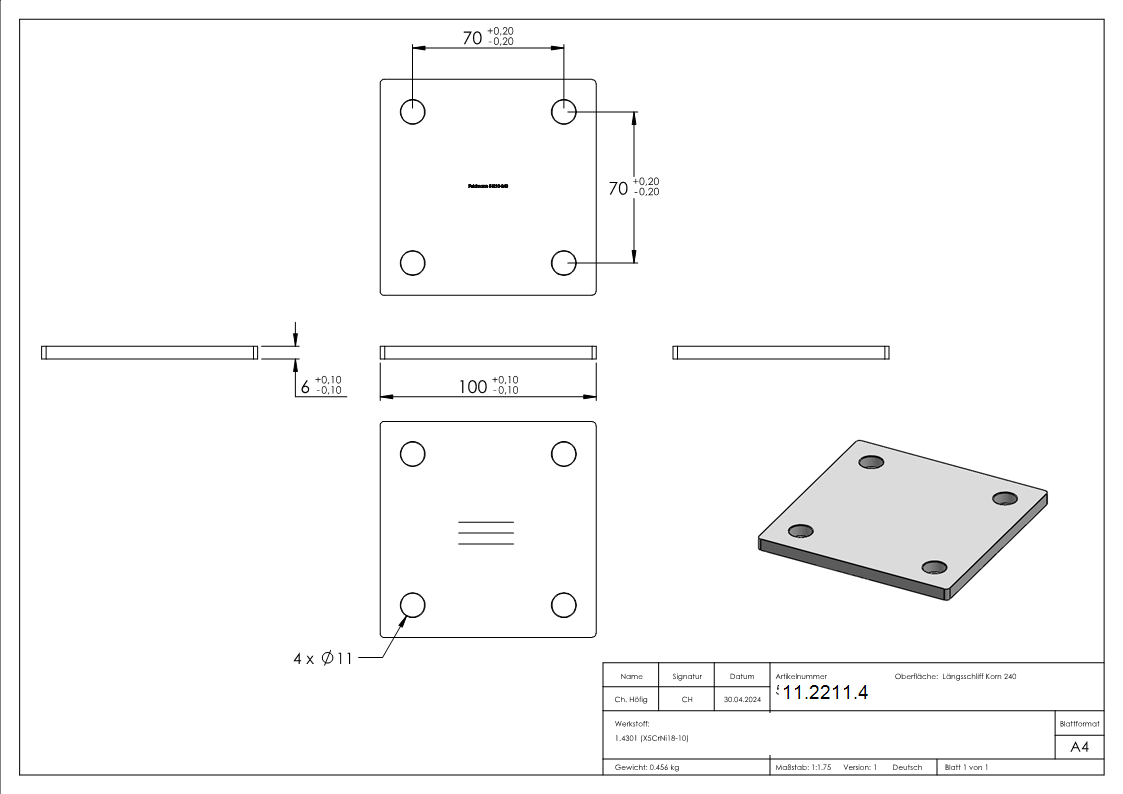 Ankerplatte Masse- 100 x 100 x 6 mm mit 4 Bohrungen á Ø 11 mm V2A-11-2211.4