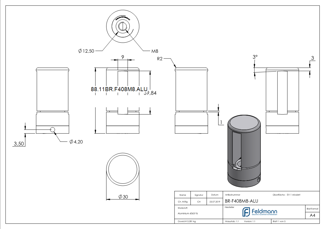 BRENK-fix® Grundhalter fuer Flachstaebe 40 x 8mm- ALU-88-11BR-F408M8.ALU